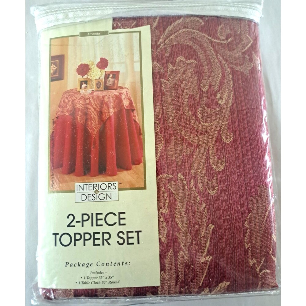 Vintage NEW Round Tablecloth & Topper Centerpiece Red Damask Cottage Victorian